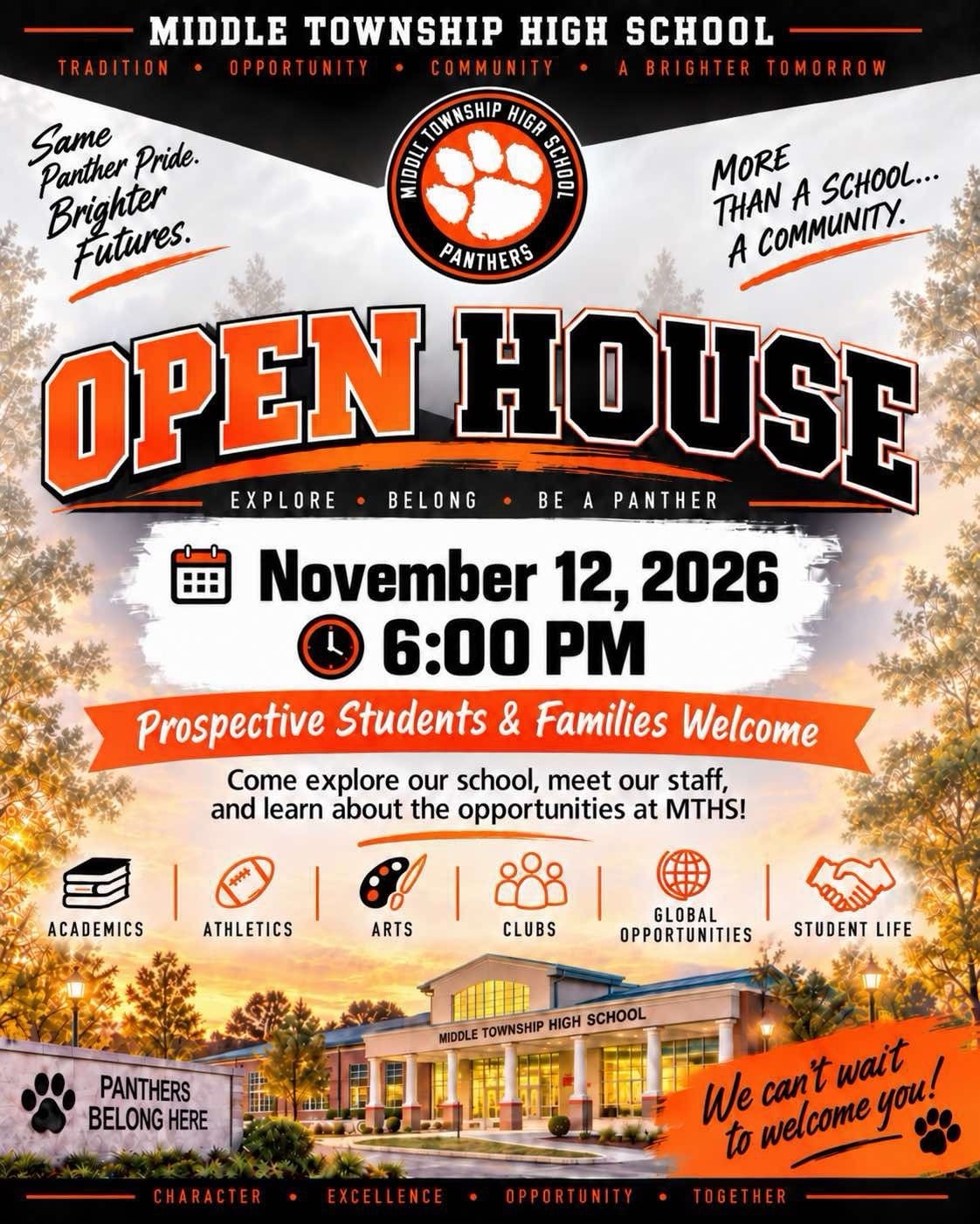 Middle Township High School open house flyer: November 12, 2026, 6 p.m., prospective students and families welcome