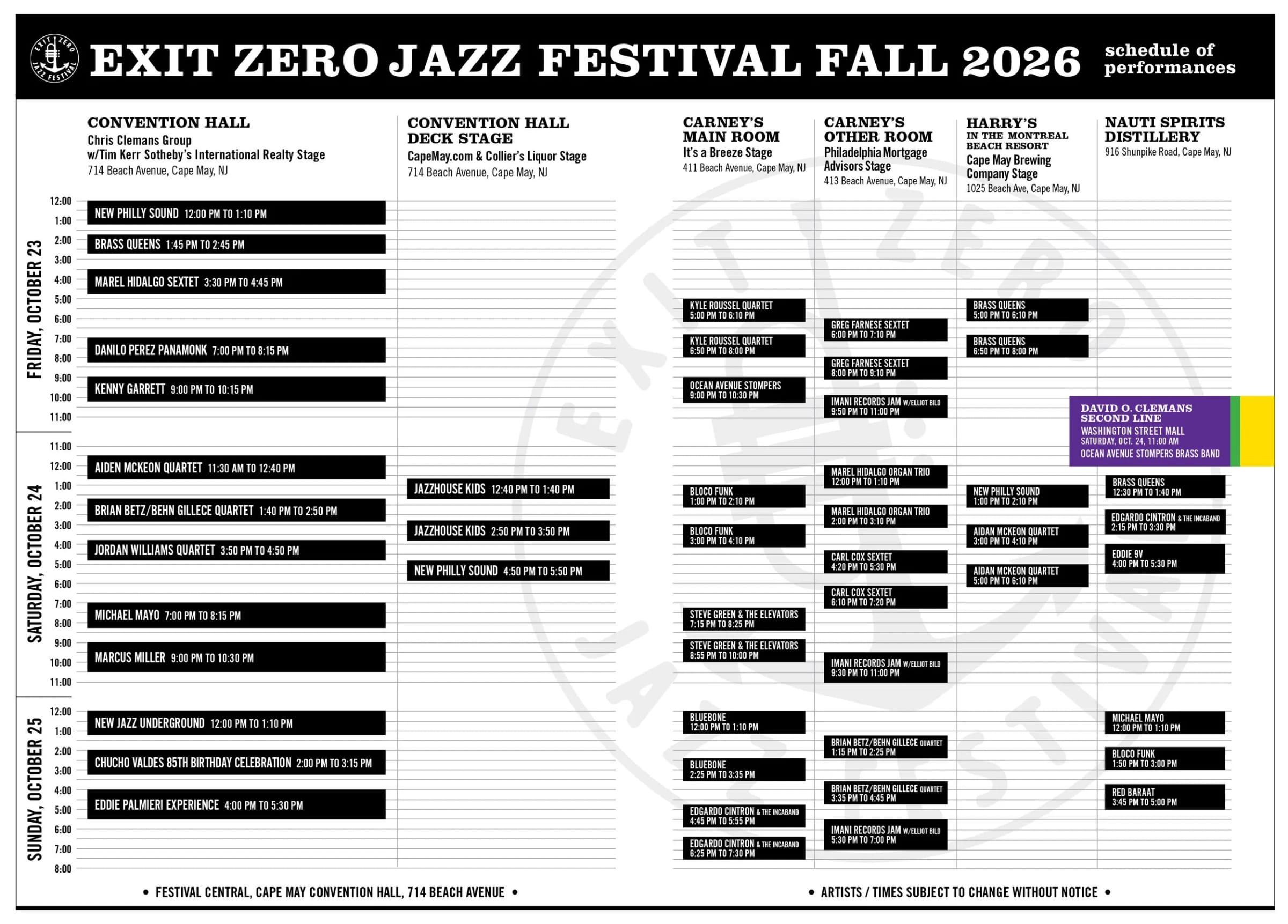 The festival schedule grid for Oct. 23 to 25, listing each act by day, time and venue: Convention Hall, the Convention Hall deck stage, Carney's Main Room, Carney's Other Room, Harry's at the Montreal Beach Resort and Nauti Spirits Distillery.